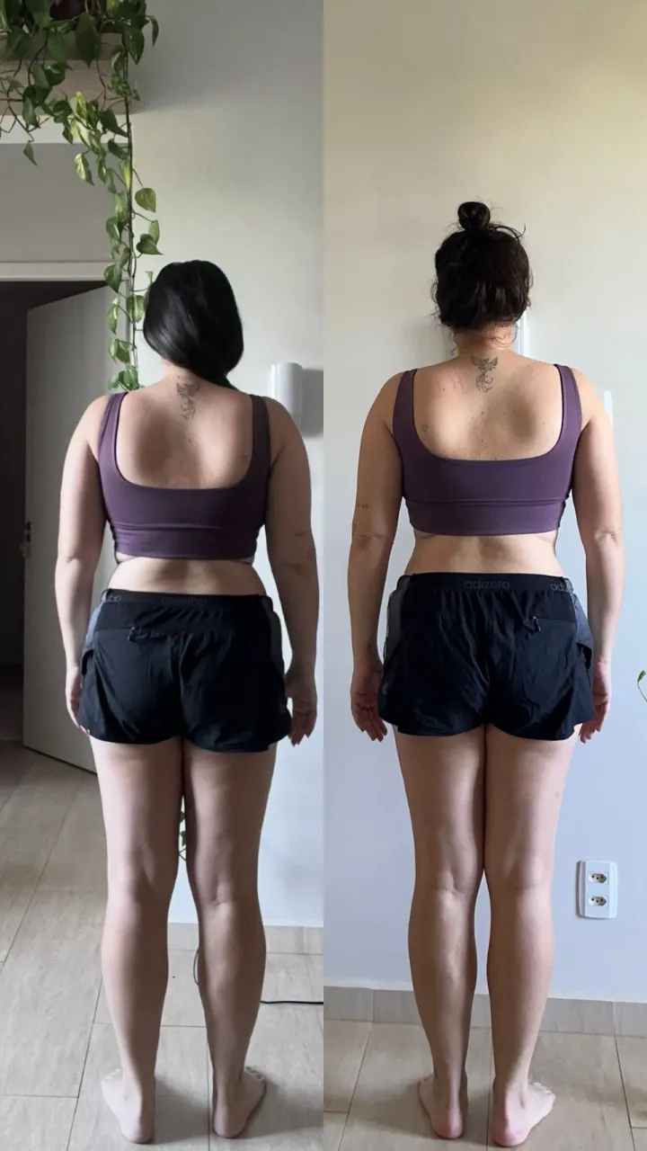 Antes e depois de aluna, vista de costas, após treino de musculação