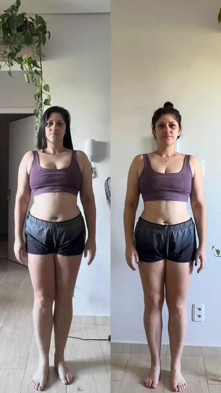 Antes e depois de aluna, vista de frente, após emagrecimento
